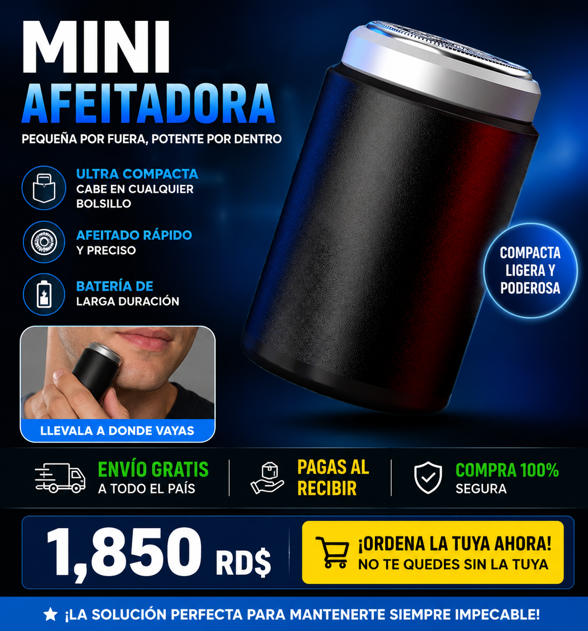 MINI AFEITADORA PORTATIL RECARGABLE -  A PRUEBA DE AGUA.