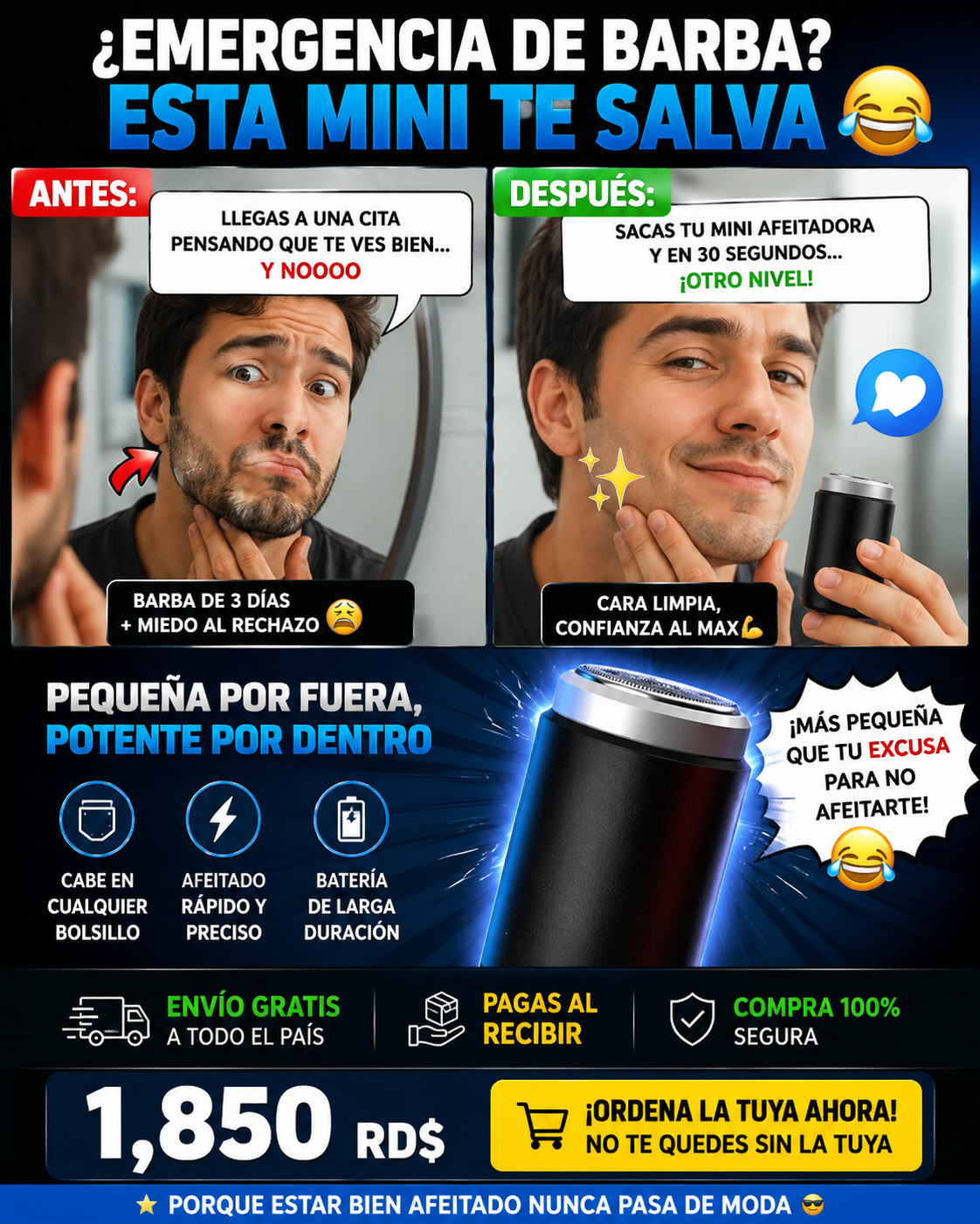 MINI AFEITADORA PORTATIL RECARGABLE -  A PRUEBA DE AGUA.