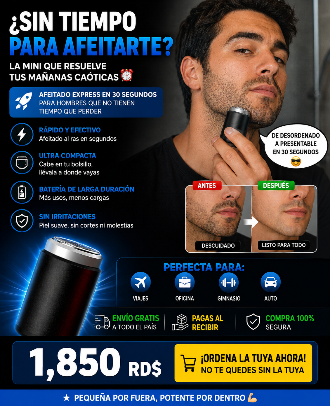 MINI AFEITADORA PORTATIL RECARGABLE -  A PRUEBA DE AGUA.