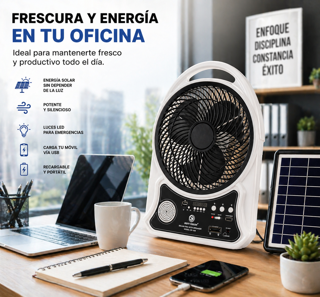 ABANICO RECARGABLE 14" SOLAR CON ALTAVOZ