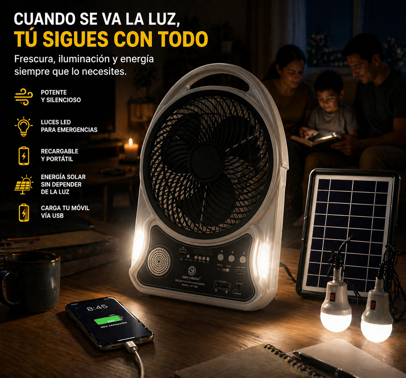 ABANICO RECARGABLE 14" SOLAR CON ALTAVOZ